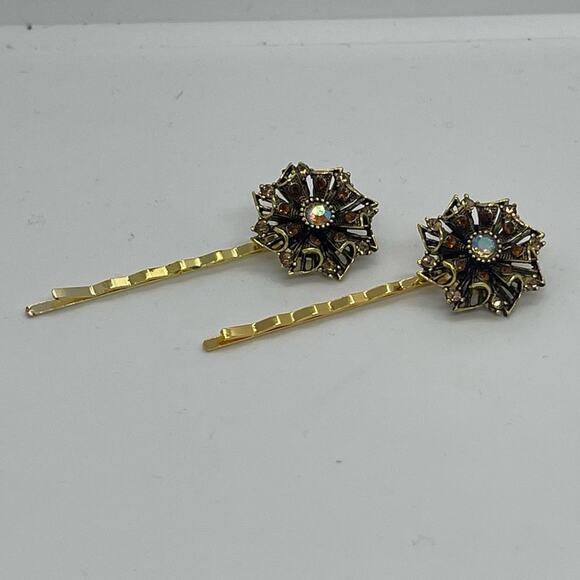 Handmade Amber Brown Rhinestone Set Hair Clips HoCo Wedding Fairy Jewelry NWT - Picture 6 of 6